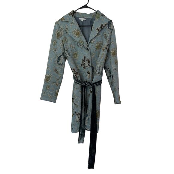 CAbi Jackets & Blazers - CAbi Guinevere Floral Jacquard Tapestry Longline Belted Coat Size 6 Blue Green